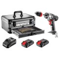Zestaw Energy+ GRAPHITE  w walizce aluminiowej: wiertarko wkrętarka 2x18V/2.0Ah, 10 mm, zdejmowany uchwyt + 109 akcesoriów 58G022-PS15