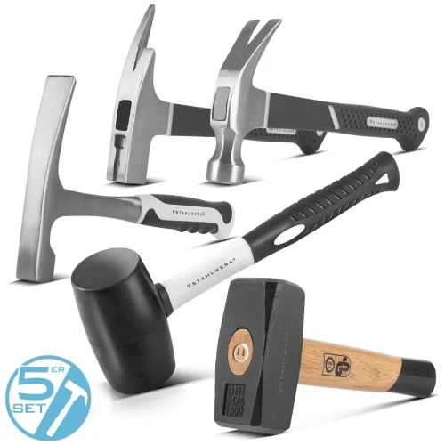 Zestaw 5 młotków STAHLWERK - Młotek cęgowy, ciesielski, murarski, dekarski, gumowy