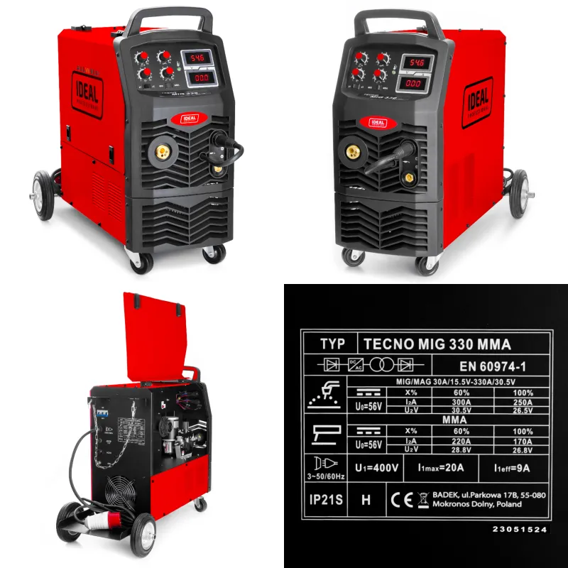 Spawarka Migomat Ideal Tecno MIG 330 4x4 Digital MMA - Kolaż