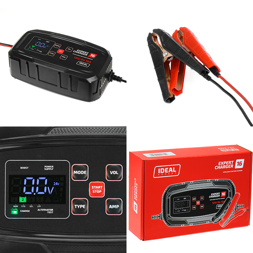 Prostownik Samochodowy Ideal EXPERT CHARGER 16 12/24V - Kolaż
