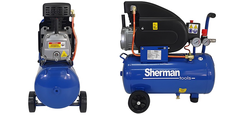 Sprężarka Tłokowa Sherman AC2420 24l 8 bar - Kompresor Olejowy - Tył I Bok
