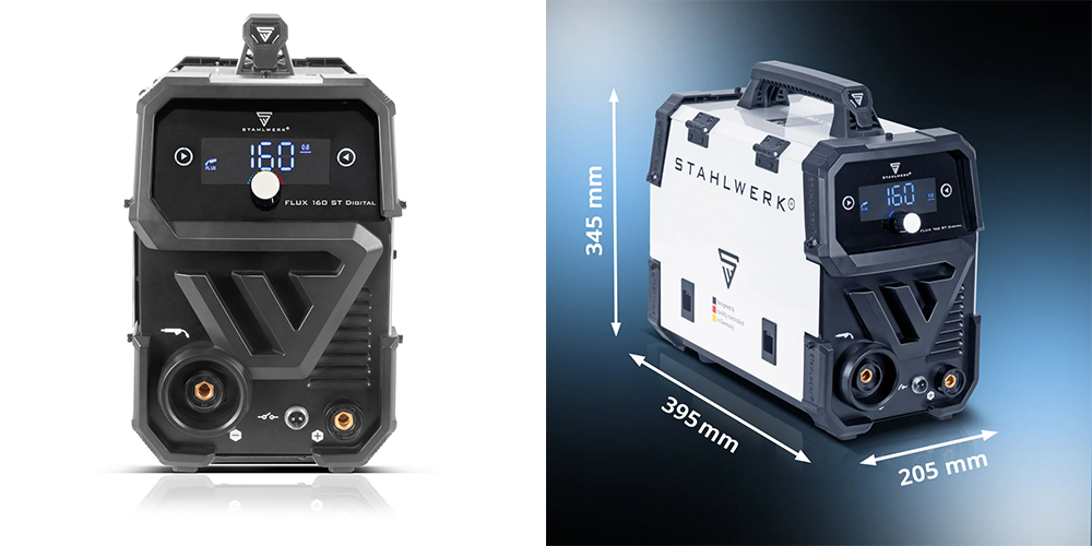 Spawarka Stahlwerk FLUX 160 ST Digital 160A Synergia - MMA, TIG Lift, FLUX Zestaw - Kolaż