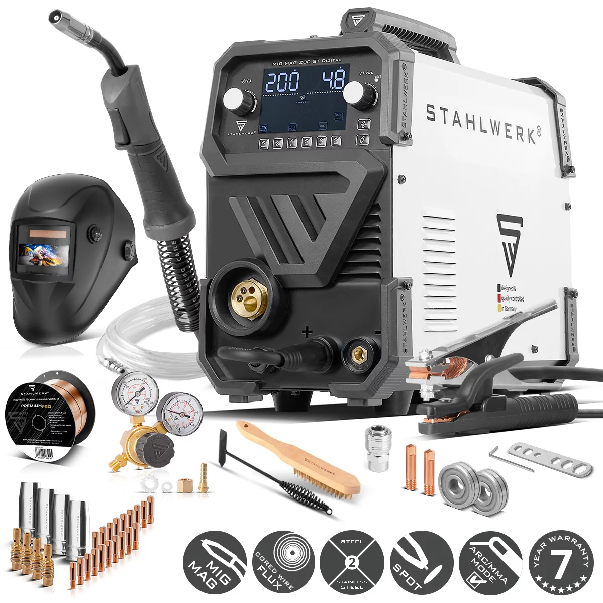 Spawarka Stahlwerk MIG MAG 200 ST 200A Synergia SPOT MMA FLUX Zestaw - Główne Zdjęcie