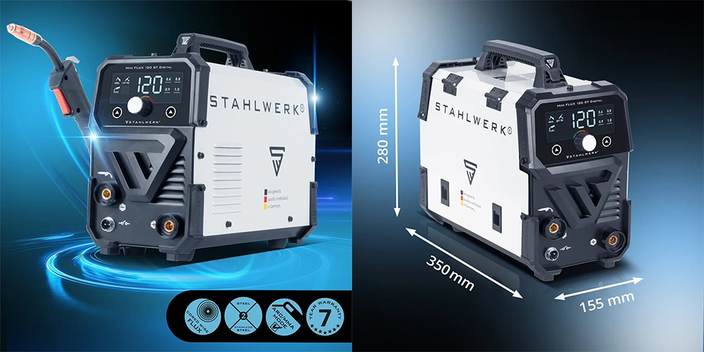 Spawarka Stahlwerk Mini FLUX 120 ST Digital - Synergia | TIG Lift | MMA | FLUX - Kolaż