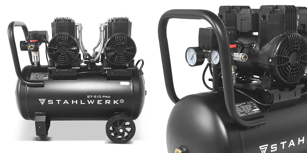 Bezolejowa sprężarka Stahlwerk ST-510 Pro - 10 bar | 3,9 KM | 2,9 kW | 50 l - Kolaż