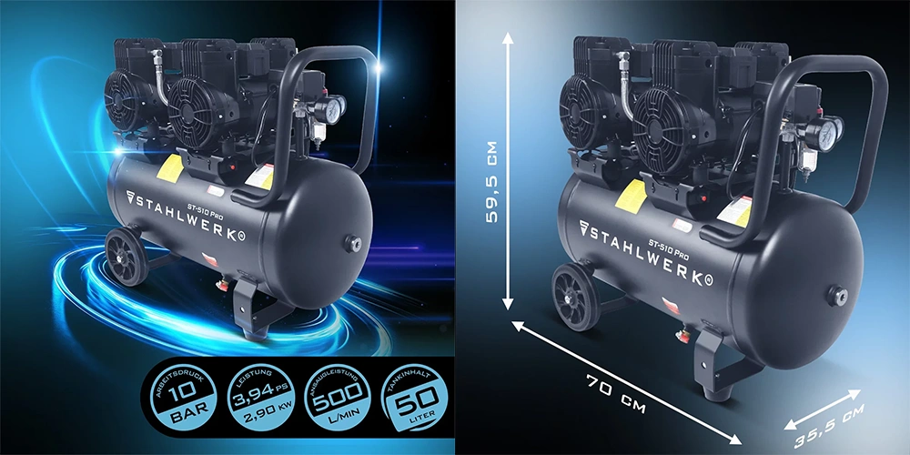 Bezolejowa sprężarka Stahlwerk ST-510 Pro - 10 bar | 3,9 KM | 2,9 kW | 50 l - Kolaż