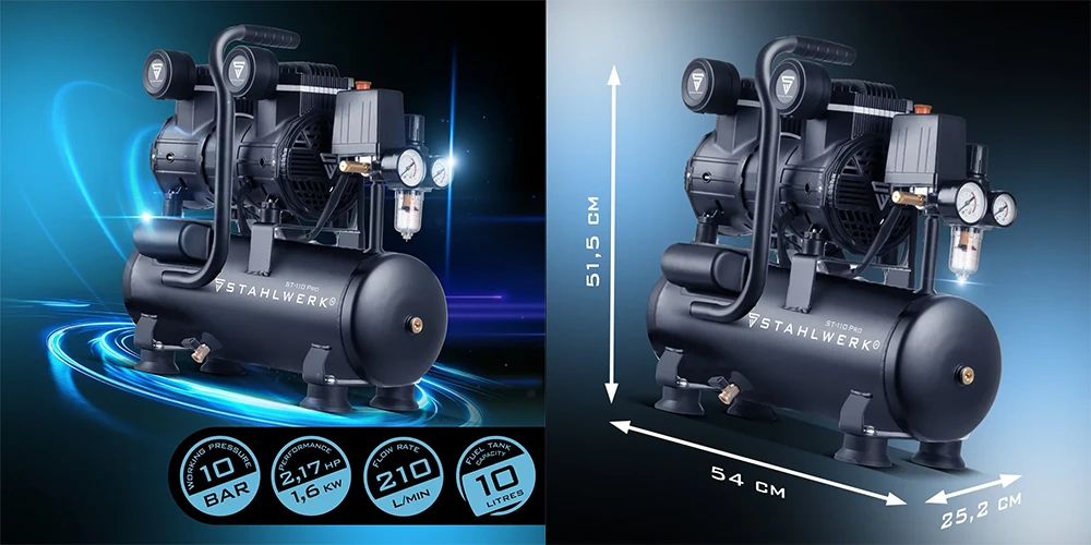 Sprężarka bezolejowa Stahlwerk ST-110 Pro - 10 bar | 2,1 KM | 1,6 kW | 10 l - Zestaw - Kolaż