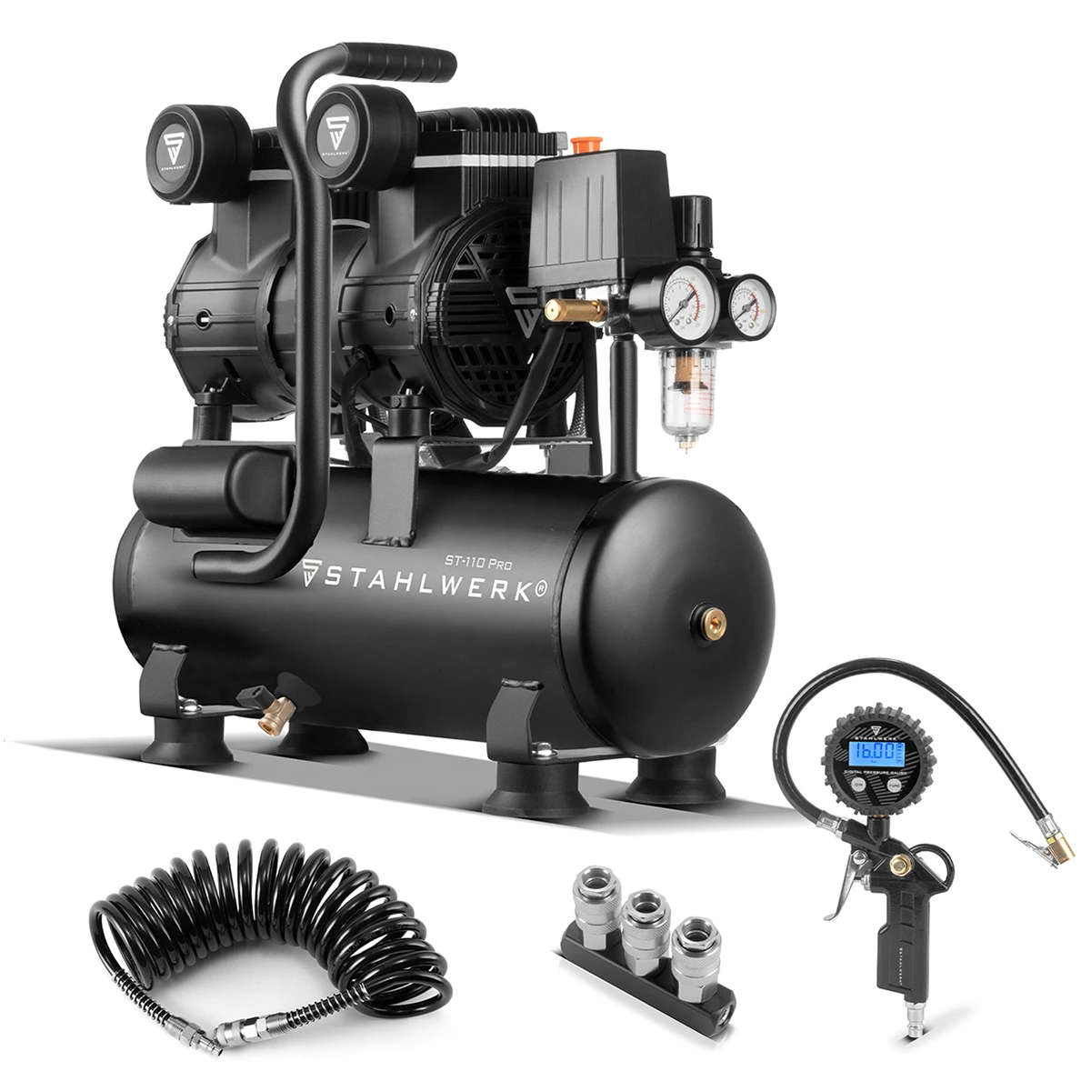 Sprężarka bezolejowa Stahlwerk ST-110 Pro - 10 bar | 2,1 KM | 1,6 kW | 10 l - Zestaw - Główne Zdjęcie