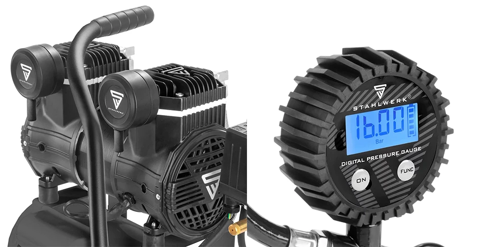 Sprężarka bezolejowa Stahlwerk ST-110 Pro - 10 bar | 2,1 KM | 1,6 kW | 10 l - Zestaw - Kolaż