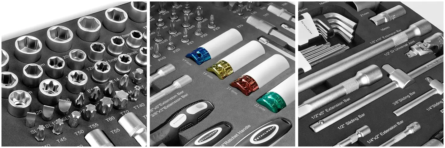 Wkładka narzędziowa Stahlwerk - Zestaw 186 kluczy nasadowych i bitów 3/8" 1/2" 1/4 - Kolaż