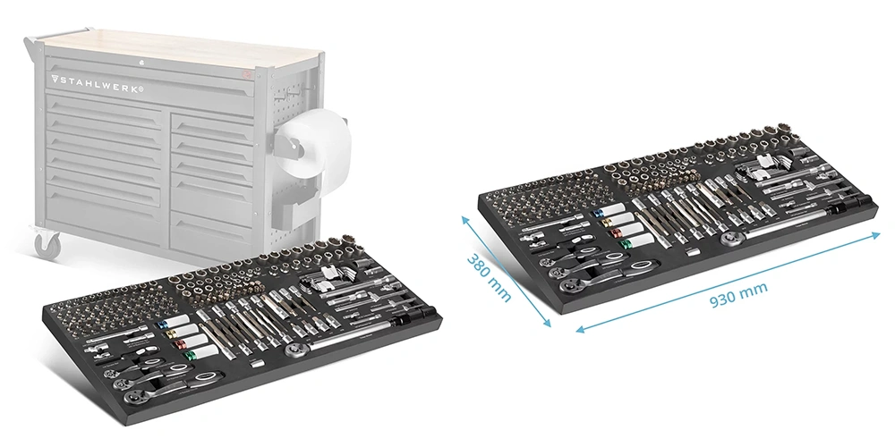 Wkładka narzędziowa Stahlwerk - Zestaw 186 kluczy nasadowych i bitów 3/8" 1/2" 1/4 - Kolaż