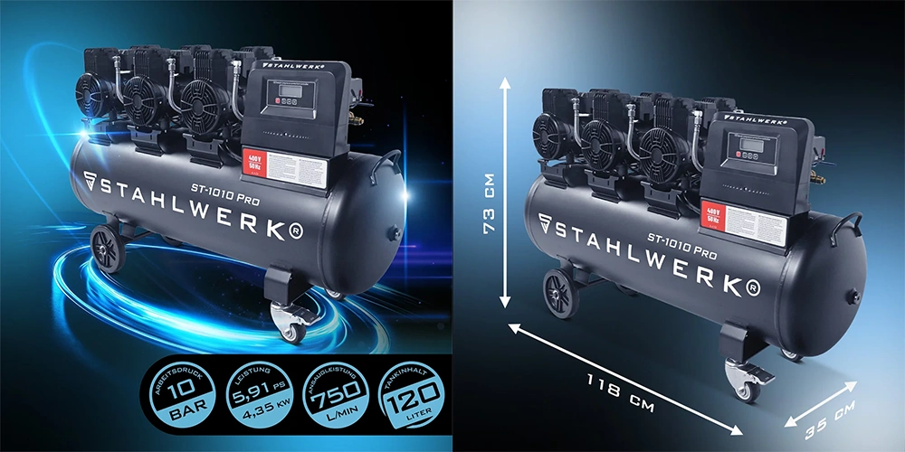 Kompresor bezolejowy Stahlwerk ST-1010 Pro - 10 bar | 5,91 KM | 4,35 kW | 120 l - Kolaż