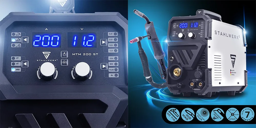 Spawarka Stahlwerk MTM-200 ST - TIG | MIG MAG | MMA | FLUX | Synergia | Lutospawanie - Zestaw - Kolaż