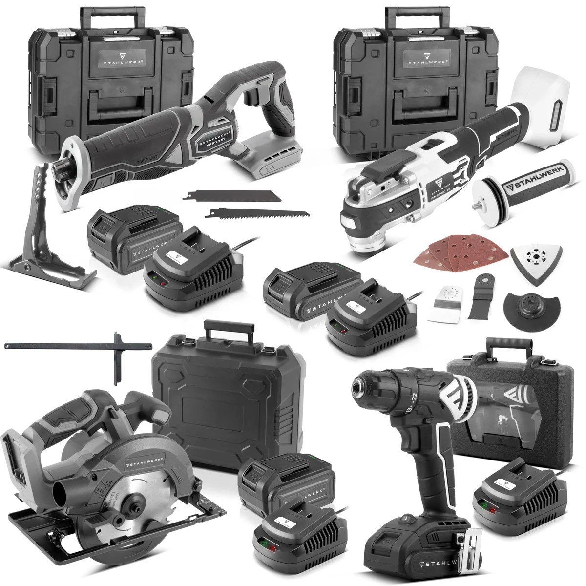 Zestaw akumulatorowy Stahlwerk - Pilarka, Oscylacyjne narzędzie, Wiertarko-wkrętarka - Główne Zdjęcie