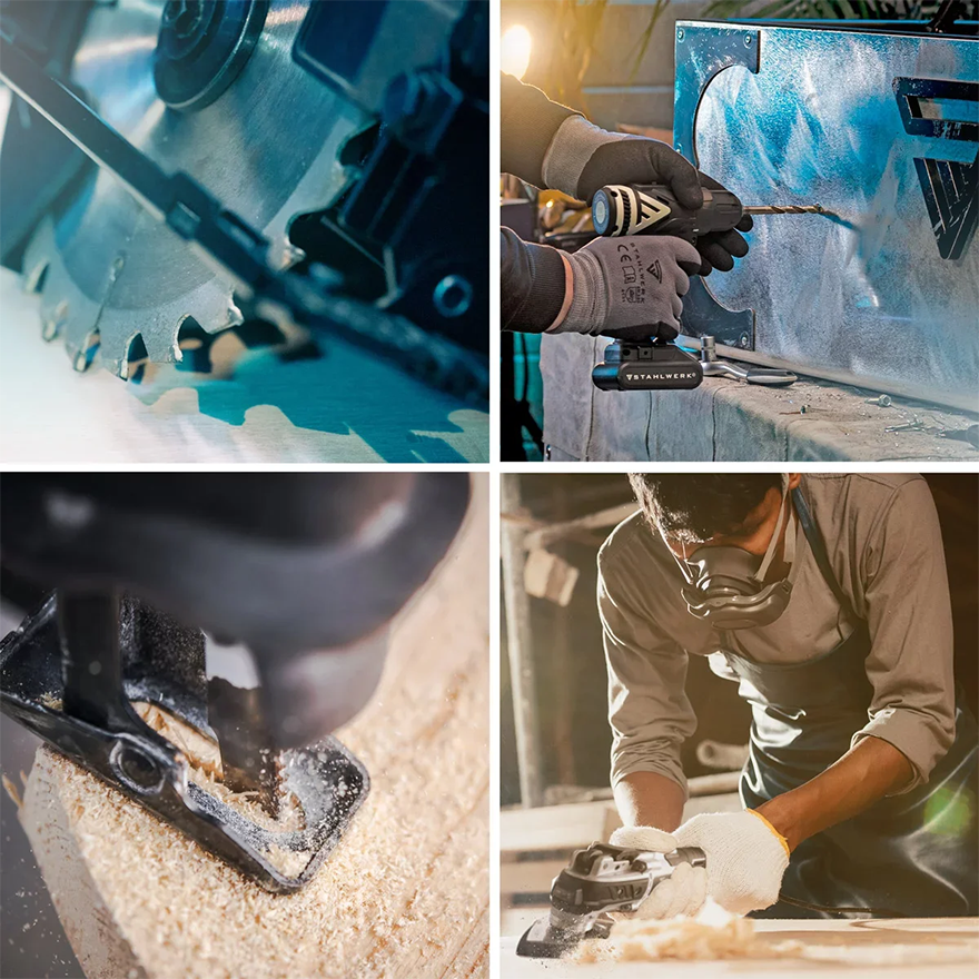 Zestaw akumulatorowy Stahlwerk - Pilarka, Oscylacyjne narzędzie, Wiertarko-wkrętarka - Kolaż