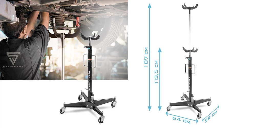 Hydrauliczny podnośnik do skrzyni biegów Stahlwerk TJ-500 ST udźwig do 500 kg - Kolaż