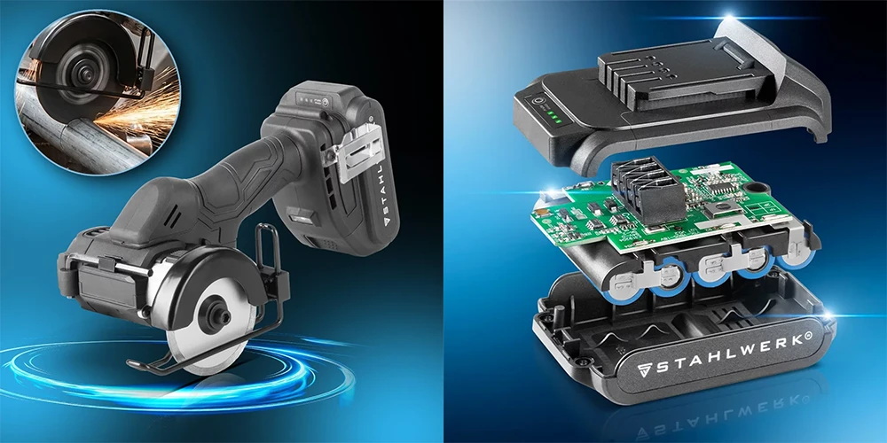 Akumulatorowa mini szlifierka kątowa STAHLWERK MAW-20 ST 2000 mAh - Kolaż
