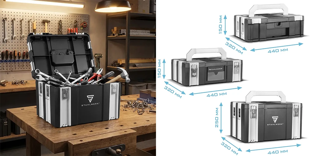 Mobilna skrzynka narzędziowa STAHLWERK - Zestaw 3 sztuk - Kolaż