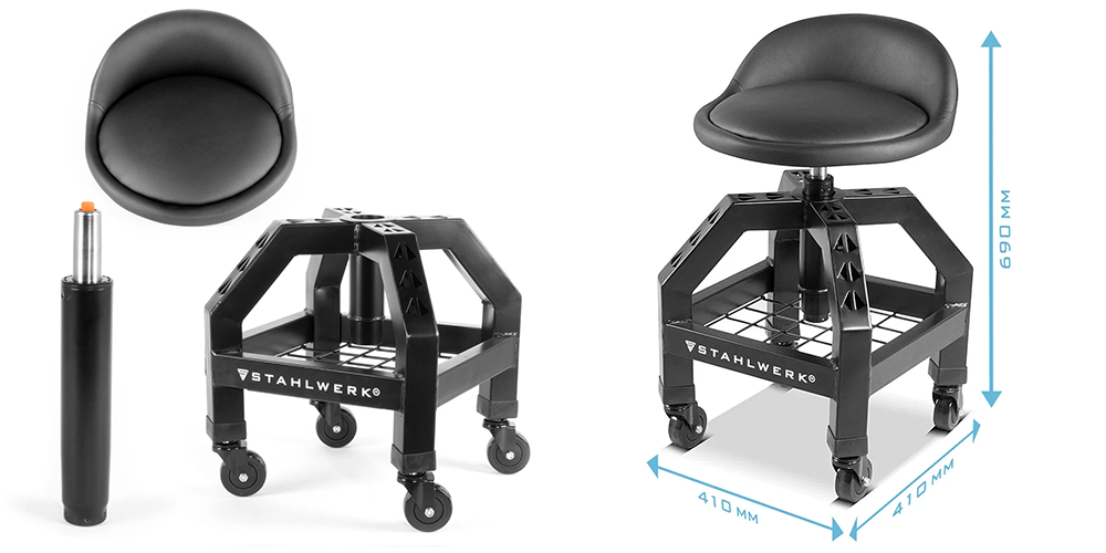 Taboret warsztatowy z regulacją wysokości STAHLWERK VWH-300 ST - Kolaż