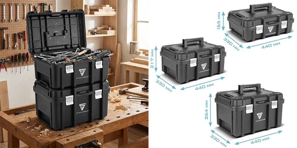 Zestaw 3 skrzynek narzędziowych z mobilną platformą STAHLWERK - Kolaż