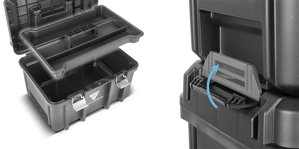 Zestaw 3 skrzynek narzędziowych z mobilną platformą z uchwytem STAHLWERK - Kolaż