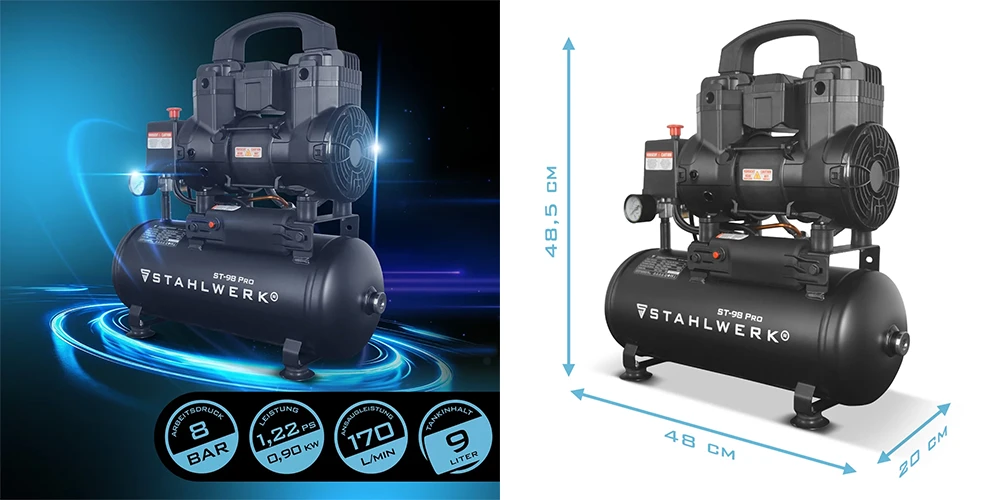 Kompresor bezolejowy STAHLWERK ST-98 Pro - 8 bar | 1,22 KM | 0,90 kW | 9 l - Kolaż
