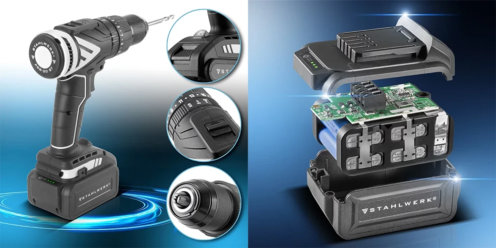 Akumulatorowa wiertarko-wkrętarka udarowa STAHLWERK ASB-20 ST 20 V - Kolaż