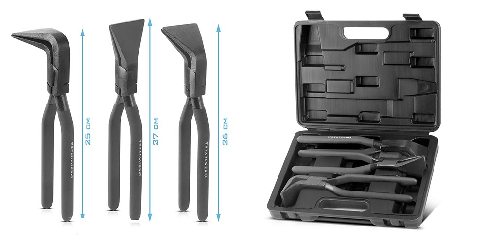 Zestaw szczypiec składanych dekarskich do blach STAHLWERK - 0° | 45° | 90° - Kolaż