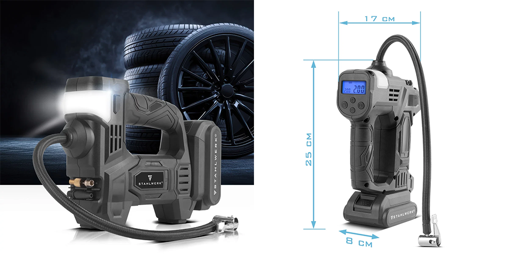 Akumulatorowy kompresor powietrza STAHLWERK ADK-20 ST - 72 W | 2 Ah - Kolaż