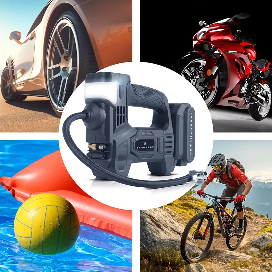 Akumulatorowy kompresor powietrza STAHLWERK ADK-20 ST - 72 W | 2 Ah - Kolaż