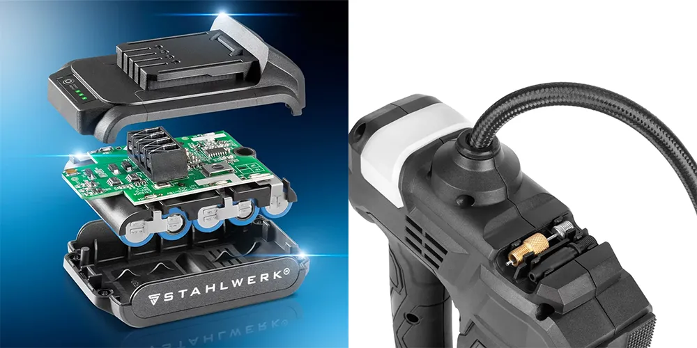 Akumulatorowy kompresor powietrza STAHLWERK ADK-20 ST - 72 W | 2 Ah - Kolaż