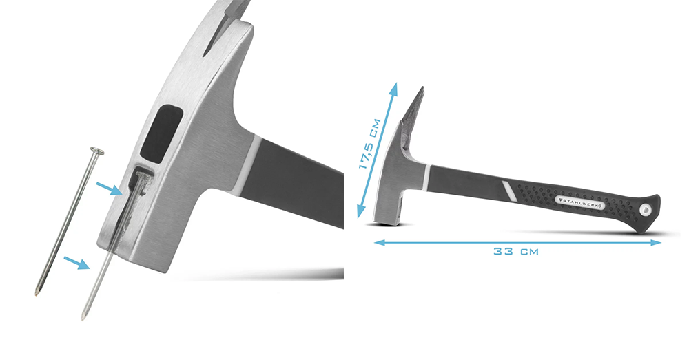 Zestaw 4 młotków STAHLWERK - cęgowy, ciesielski, murarski, dekarski, gumowy - Kolaż