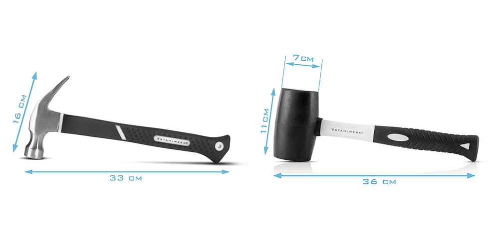 Zestaw 4 młotków STAHLWERK - cęgowy, ciesielski, murarski, dekarski, gumowy - Kolaż