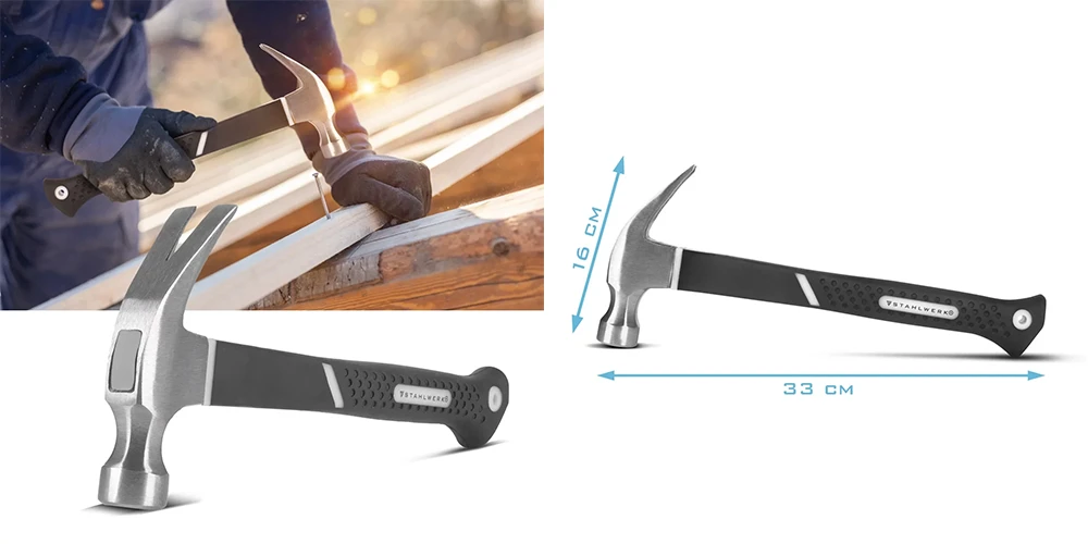 Zestaw 4 młotków STAHLWERK - cęgowy, ciesielski, murarski, dekarski, gumowy - Kolaż