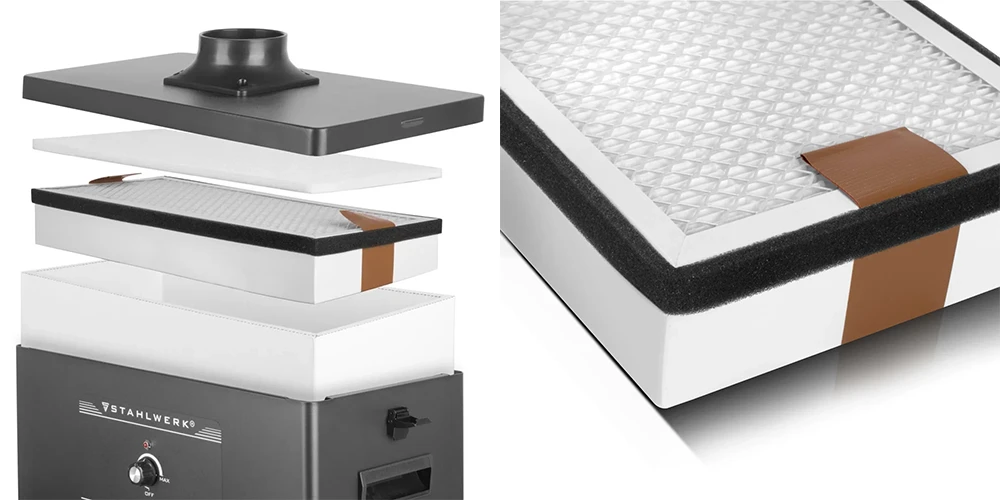 Średni filtr HEPA do systemu odciągu oparów STAHLWERK FE-210 ST - Kolaż