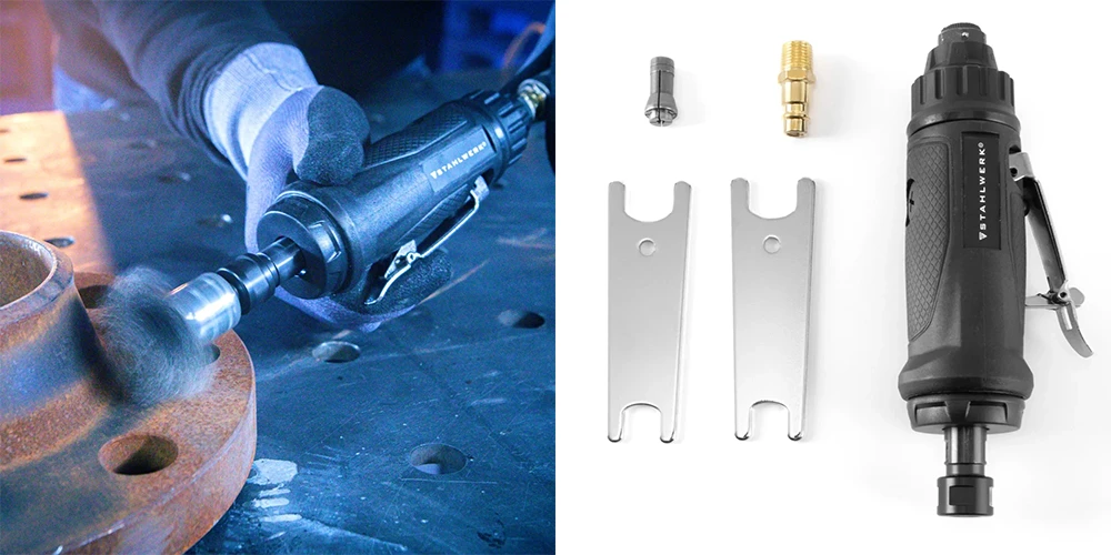 Pneumatyczna szlifierka talerzowa kątowa STAHLWERK DS-2000 ST - 20 000 obr/min - Kolaż