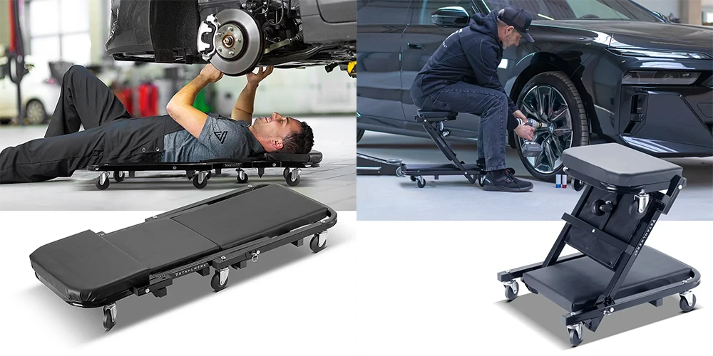 Taboret warsztatowy leżanka 2w1 STAHLWERK FRC-40 ST - udźwig 150 kg - Kolaż