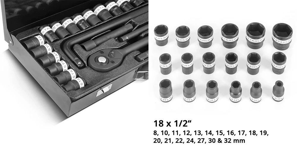 Zestaw kluczy nasadowych z grzechotką STAHLWERK - 24 części - Kolaż