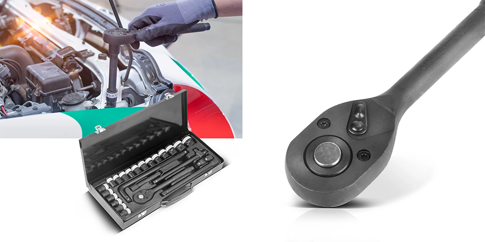 Zestaw kluczy nasadowych z grzechotką STAHLWERK - 24 części - Kolaż