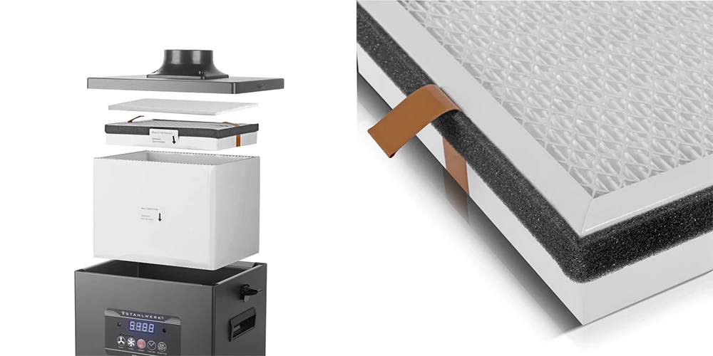 Średni filtr HEPA do systemu odciągu oparów STAHLWERK FE-150 ST - Kolaż