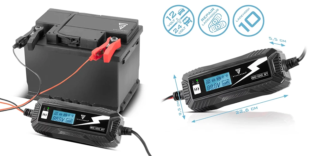 Ładowarka do akumulatorów 12V / 24V STAHLWERK IBC-100 ST - Kolaż