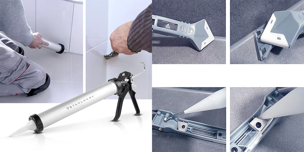 Pistolet do silikonu STAHLWERK SP-600 ST 600 ml - Kolaż