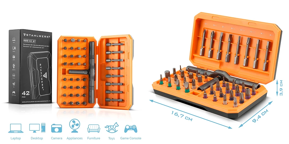Zestaw końcówek wkrętakowych z grzechotką STAHLWERK RBS-42 ST - Kolaż