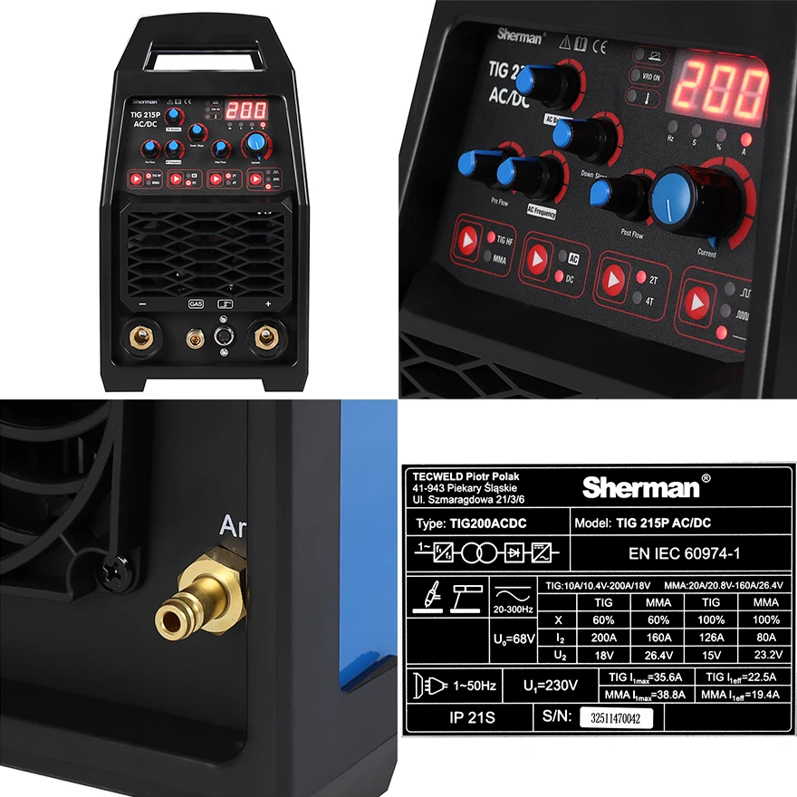 Spawarka inwertorowa Sherman TIG 215P AC/DC 230 V 200 A - Kolaż